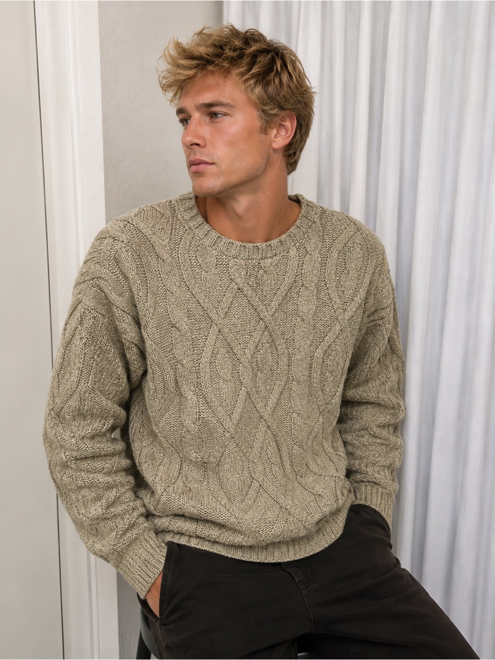 VTG Bill Blass Hand Framed Cable Knit Sweater Mens L Made in USA Cream EUC